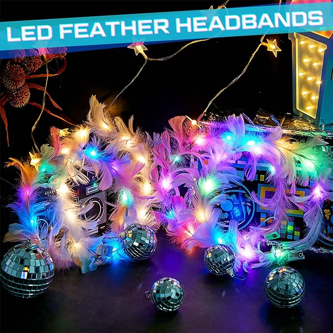 Taiyin 30 Pieces LED Feather Crown Headband Light up Angel Wreath Headband Flower Crowns for Women Wedding Halloween Birthday Valentine's Day Party Gift (Multiple Colors)