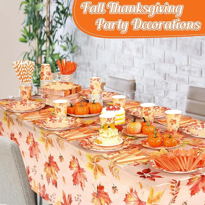 452 Pcs Thanksgiving Fall Party Decorations, Maple Leaves Thanksgiving Paper Plates Napkins Cups Tablecloth Cutlery Straws for Autumn Fall Theme Birthday Holiday Party Supplies, Serves 50