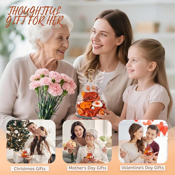 Birthday Gifts for Women Mom Preserved Roses in Glass Angel Figurines Fresh Flowers for Delivery Forever Flowers Eternal Rose Valentines Day for Grandma Sister Wife from Daughter
