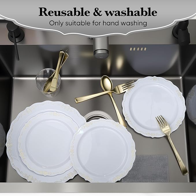 175 PCS White and Gold Disposable Plates, Elegant Dinnerware Set for 25 Guests, 50 Plastic Plates, 75 Silverware, 25 Cups & 25 Paper Napkins, White and Gold