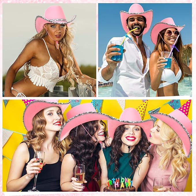 Hercicy 6 Pack Western Cowboy Hats with Rhinestone Tassel Bands Sequin Trim Sparkly Cowgirl Party Hats for Adults Women Men