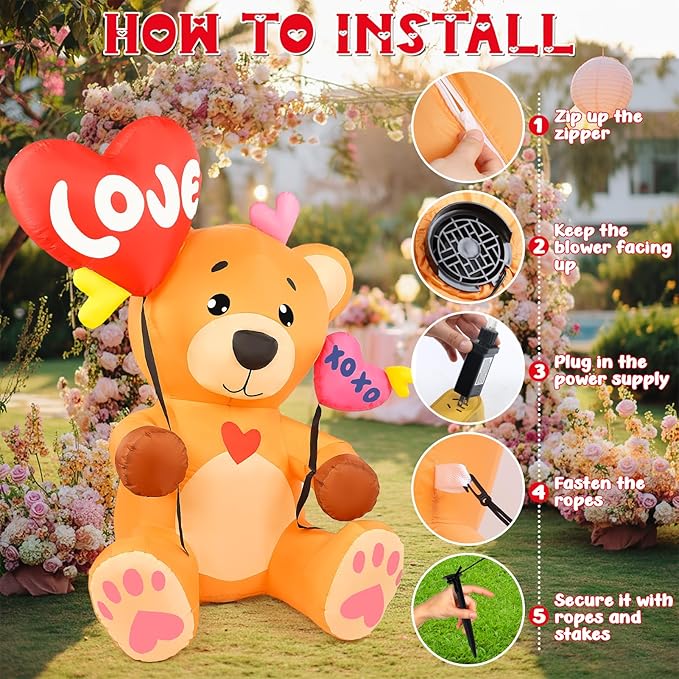 LETIME 5 FT Valentine's Day Inflatable Outdoor Decorations Bear with 2 Heart Balloons LED Lighted Valentines Blow up Yard Decoration for Party, Anniversary, Wedding, Propose, Garden, Lawn
