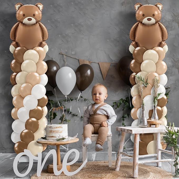 Kasyat 2 Set Neutral Balloon Column Stand Kit Bear Balloon Arch Kit, Bear Baby Shower Decorations with Brown Beige Nude Tan Balloons for Baby Shower Decorations Gender Reveal Birthday Party Decoration