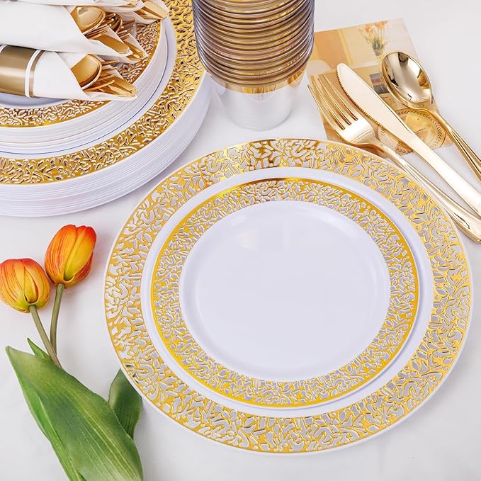 WELLIFE 50 Guests Dinnerware Sets, Gold Plastic Plates,Platos Para Fiestas Elegantes Desechables Include:50 Dinner Plates, 50 Dessert Plate, 150 Pcs Gold Plastic Silverware, 50 Cups for Party