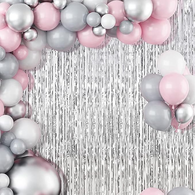 Silver Foil Fringe Curtains 50 Pack 3.2ft x 8.2ft Fringe Backdrop Curtains Metallic Tinsel Streamer Photo Backdrop for Birthday Party Decorations Halloween Christmas Party Supply (Silver)