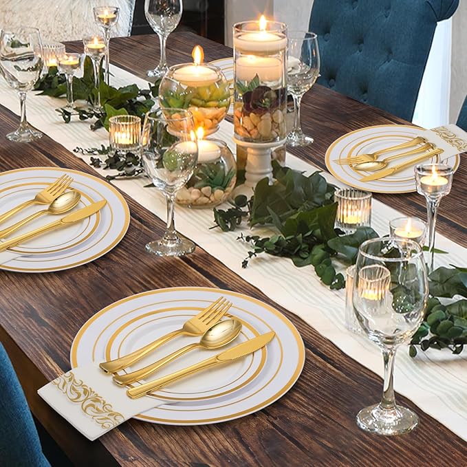 Goodluck 700 Piece Gold Dinnerware Set for 100 Guests, Disposable for Party, Include: 100 Gold Rim Dinner Plates, 100 Dessert Plates, 100 Paper Napkins, 100 Cups, 100 Plastic Silverware Set