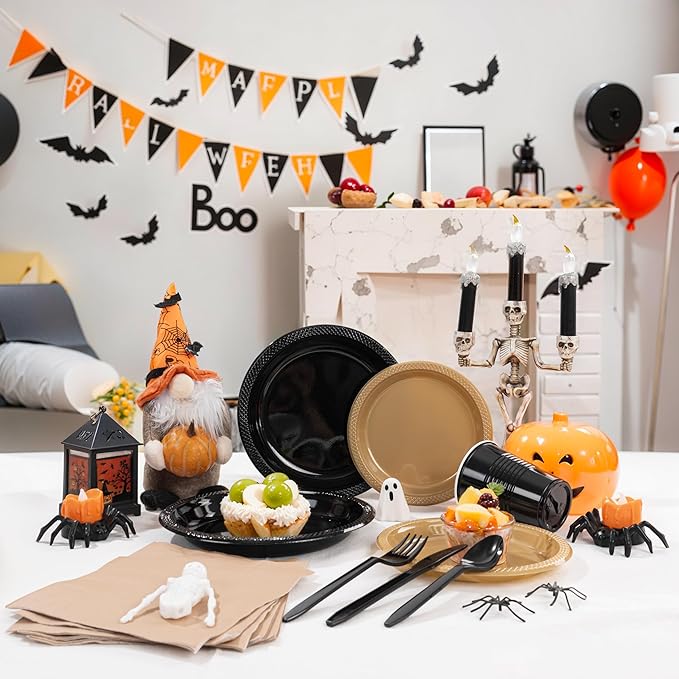 MirthMood 350PCS Black and Gold Plastic Plates,Black Disposable Plates –Plastic Plates Set Includes 50 Dinner,50 Dessert Plate,50 Cup&50 Napkins, 50 Black Silverware for Wedding& Parties