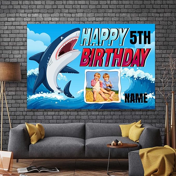 Custom Shark Happy Birthday Party Decorations Supplies Personalized Shark Ocean Themed Birthday Backdrop Banner(5x7.5ft)