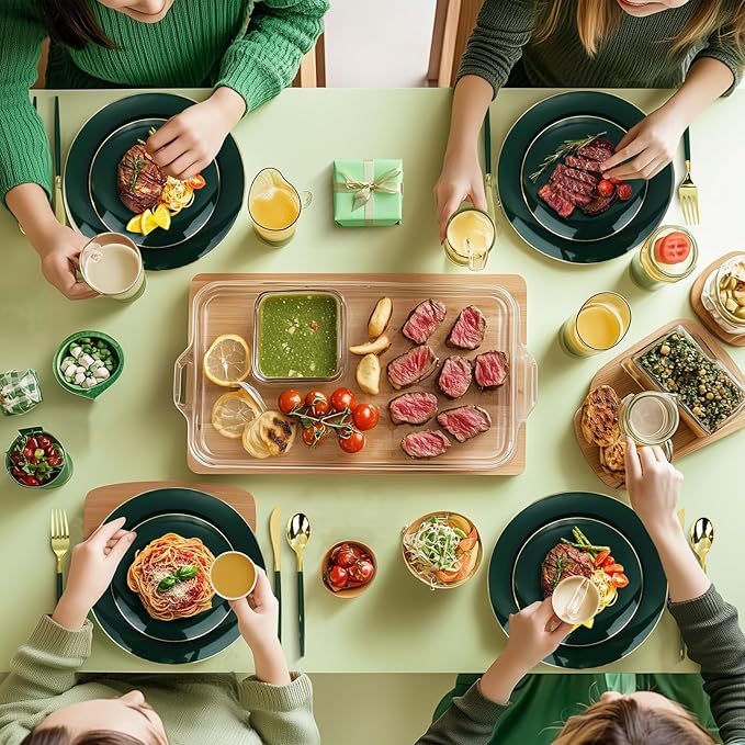 175 Pieces Green Gold Plastic Dinnerware Set, Gold Disposable Plates for Party, Include 50 Green Plates with 75 Plastic Cutlery, 25 Napkins and 25 Cups