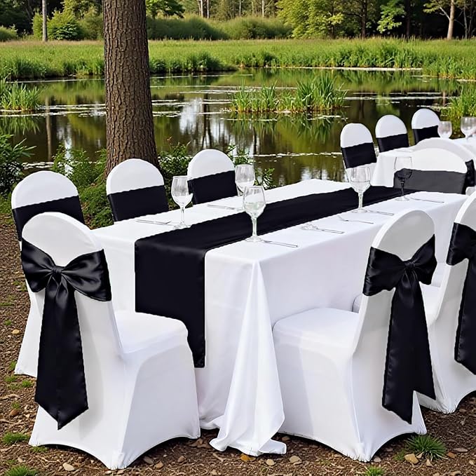 VDS Satin Chair Sashes Chair Cover Back Tie Sateen Bows Ribbon for Wedding Birthday Graduation Engagement Ceremony Event Party Banquet Venue Hotel All Dining Chair Decoration (125PC) (Black)