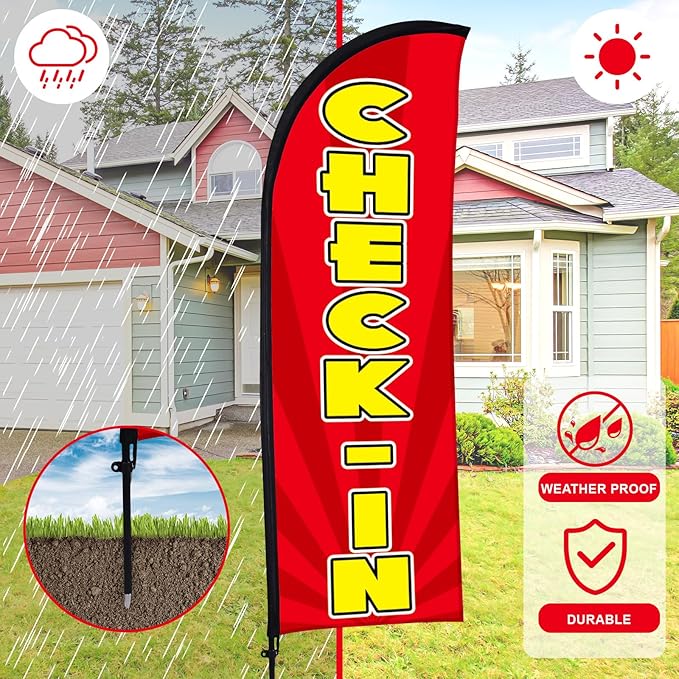 Buryeah 2 Sets Check-in Feather Flag 8 ft Check-in Advertising Banner Swooper Flag with Pole Kit and Ground Stake for Marathons and Special Events Outside, Red