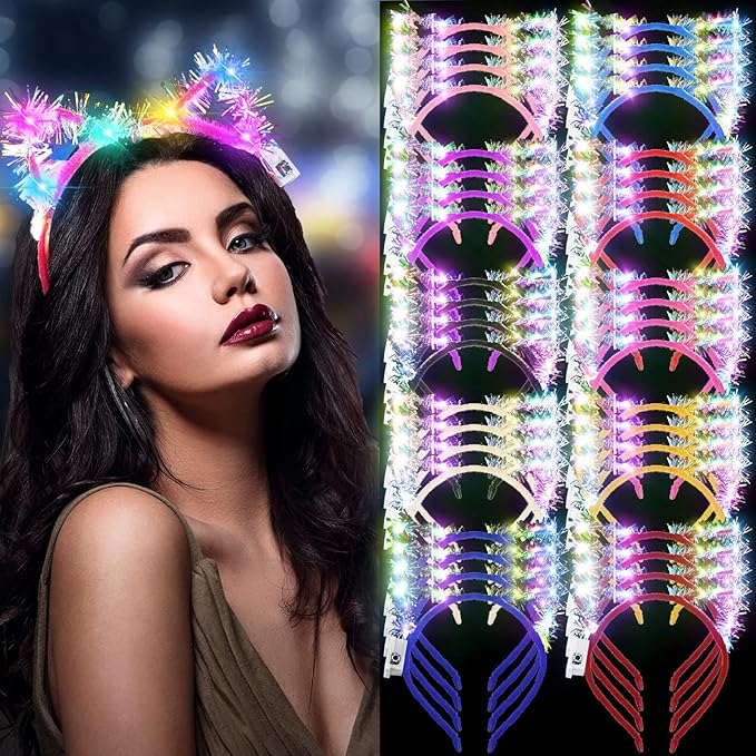 WILLBOND 40 Pcs LED Golden Silk Cat Ears Headband Halloween Cute Light up Headband Glow Cow Horn LED Hair Hoop for Women Girls Adult Birthday Festival Concert Party Hair Accessories