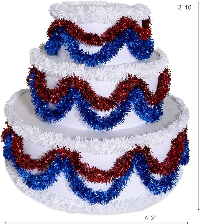 Anderson's 3-Tier Red, White & Blue Trim Pop-Out Cake, Life-Size Jumbo Prop for Surprise Entrances, Weddings, Birthdays, Holidays, Stage Reveals, Photo Ops – Includes Tools, Reusable, 46" x 50"
