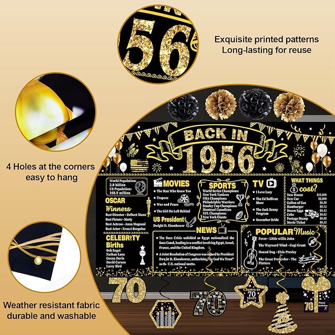70th Birthday Decorations for Men Women, 103 PCS Back in 1956 Decorations, Vintage 70th Birthday Party Tableware Set for men,Backdrops,Card, Banner, Paper Poms,Hanging Swirl, Tableware for 24 Guests