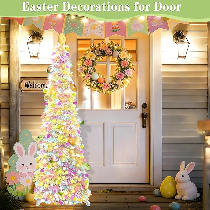 Timer - Easter Decorations, 5Ft Lighted Easter Tree with 50 LED Warm White Lights 12 Colorful Eggs Ornaments Battery Operated Easter Egg Tree Pop Up Tinsel Collapsible Tree for Home Porch Office Party