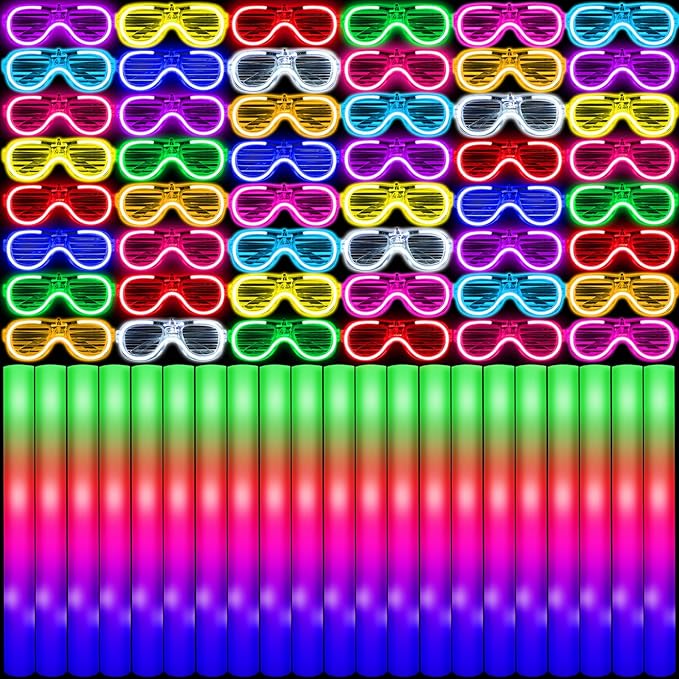 Glow in the Dark Party Supplies Set Bulk Neon Party Favor Toys Includes 30 Led Light up Glasses 10 Color 30 Light up Foam Sticks Bulk for Disco Wedding Birthday Concert Halloween Raves Party