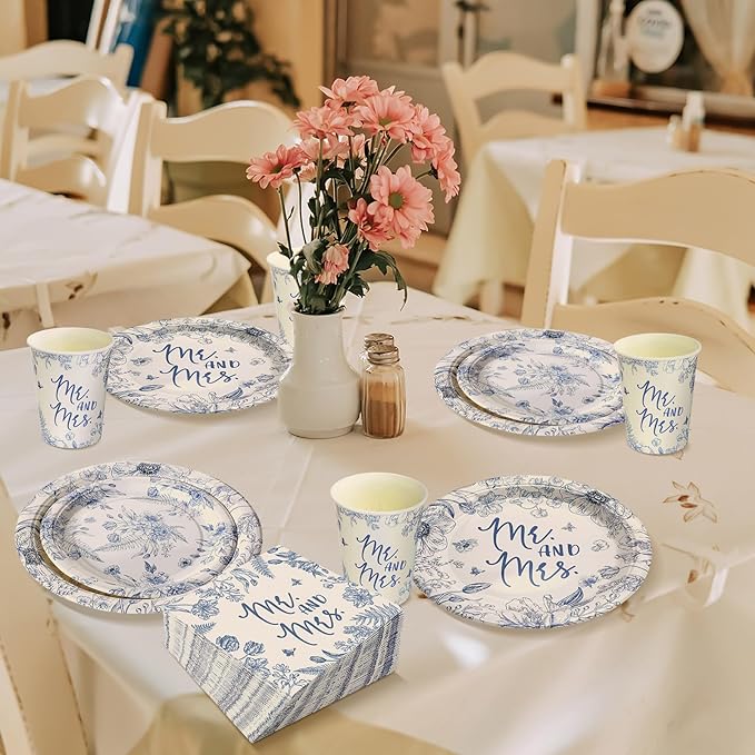 Zhehao 250 Pcs Mr. and Mrs. Bridal Shower Plates Napkins Sets 50 Pcs 9'' Dinner Plates and 7'' Dessert Plate and 9oz Cups 100 Napkins Serves 50 Party Supplies Bridal Shower Engagement Decoration