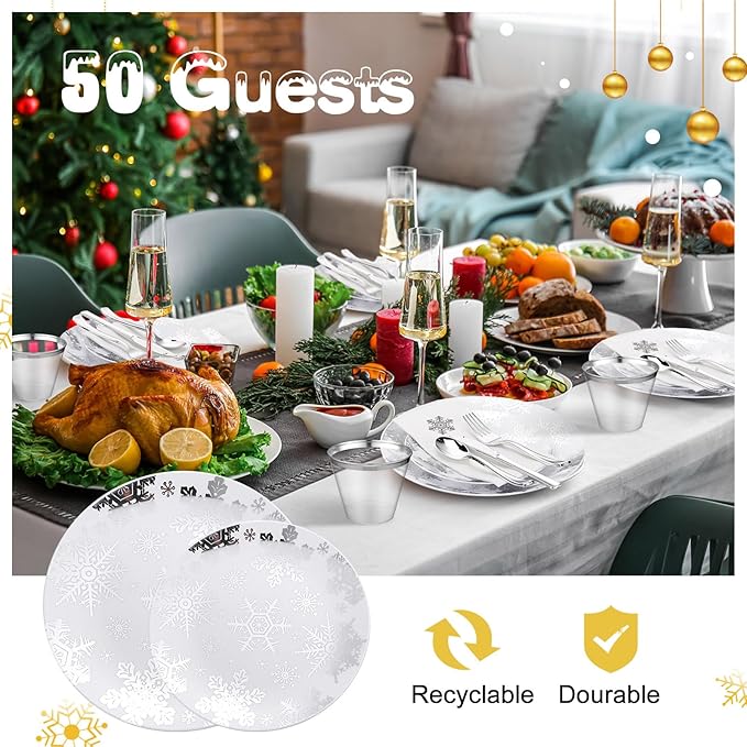 Sliner 350 Pcs Snowflake Frozen Birthday Party Supplies Disposable Tableware Set Include 7.5'' Plates 10.25'' Plates Napkins Cups Forks Knife Spoons for 50 Guests themed Holiday Party Decor(Silver)