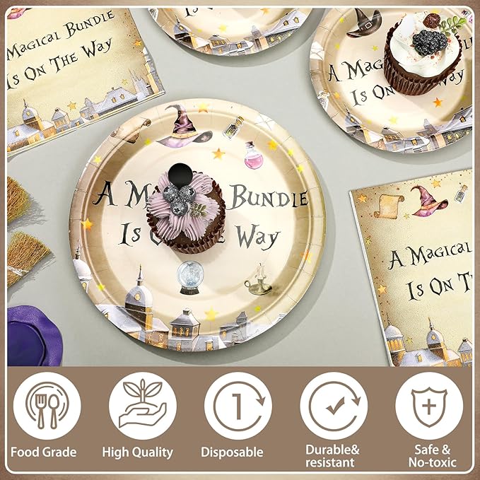 Dandat 350 Pcs Baby Shower Plates Set Baby Shower Party Supplies Serves 50 Tableware Sets Include Plates Napkin Cup Forks Knives Spoons Disposable Dinnerware(Magical Wizard,Black)