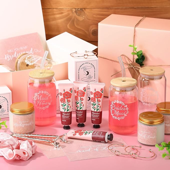 60 Pcs Bridesmaid Proposal Gifts Bridesmaid Box Set, Maid of Honor Gifts Include Box Glass Cup Candle Cards Scrunchies Hair Knotted Bracelets Hand Cream Diamond Pens(Pink)