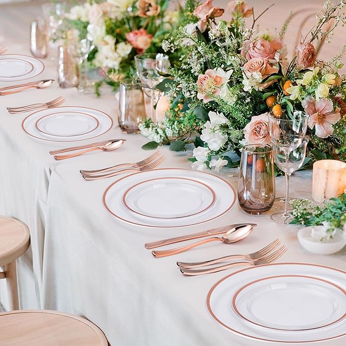 BESTSTAR 200PCS Rose Gold and Clear Plastic Plates, Rose Gold Disposable Plate Set with 100 Dinner Plates and 100 Dessert Plates for Party