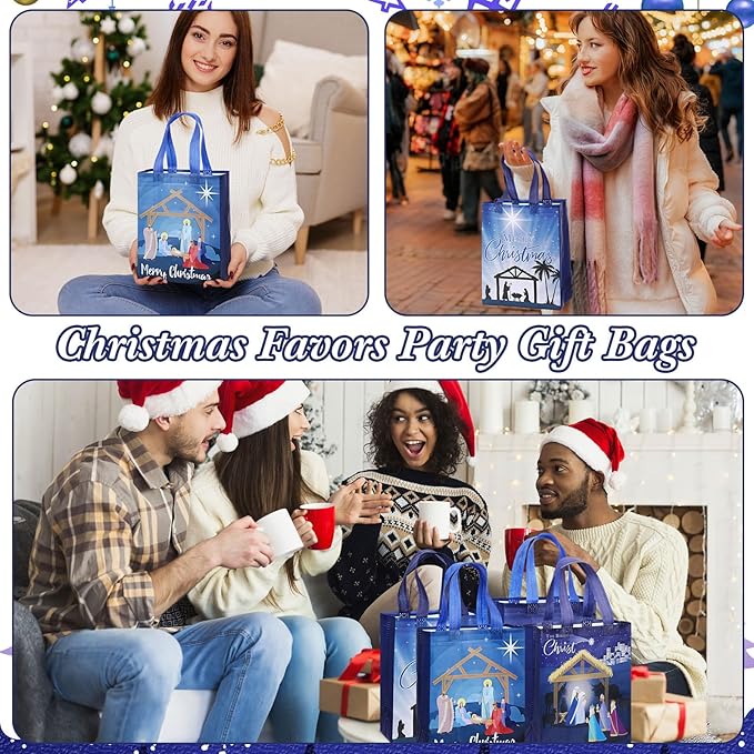 Wesnoy 48 Pcs Nativity Christmas Gift Bags Bulk 10 x 8 x 4 Inch Reusable Non Woven Jesus Goodie Bags with Handles- Large Christian Candy Treat Totes for Religious Holy Night Holiday Party Favor