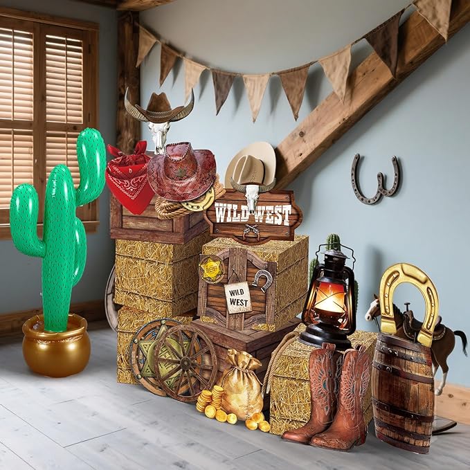 20 Pcs Western Cowboy Party Decorations Hay Bales Straw Boxes Inflatable Cactus Cowgirl Card Hat Horseshoe for Birthday Photo Booth Props Cowboy Party Birthday Farm