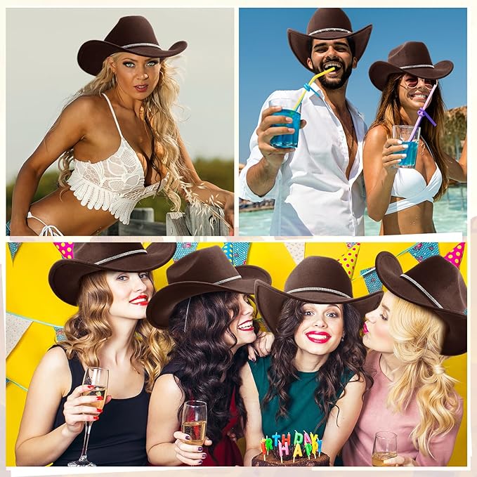 Hercicy 6 Pack Western Cowboy Hats with Rhinestone Tassel Bands Sequin Trim Sparkly Cowgirl Party Hats for Adults Women Men