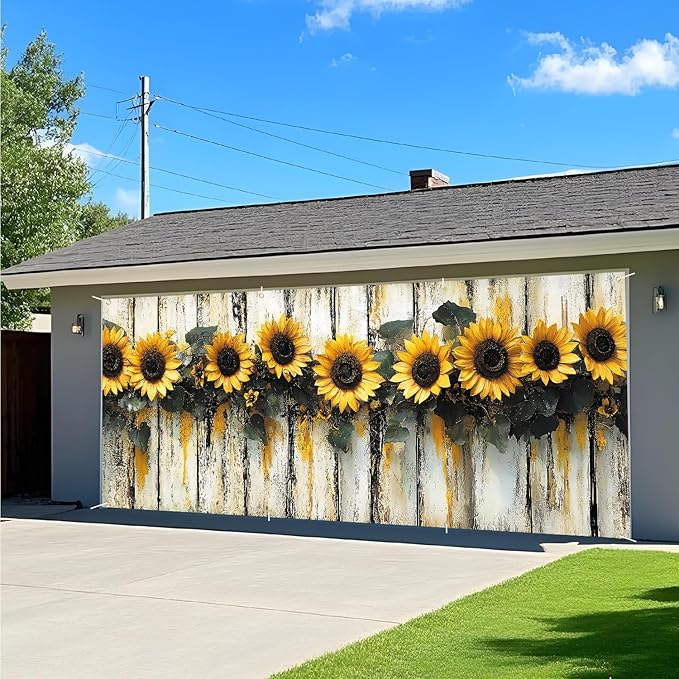 ANNA QUEEN Sunflower Garland Garage Door Banner 6 x 13FT, Rustic Sunflowers with Wooden Fence, Outdoor Spring and Summer Decoration for Garden Parties Home Decor