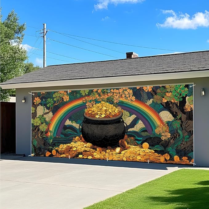 Pot of Gold St. Patrick’s Day Garage Door Banner 7x16FT, Lucky Clover & Rainbow Garage Door Cover, Outdoor Decoration for Yard & Garage on St. Patrick’s Day