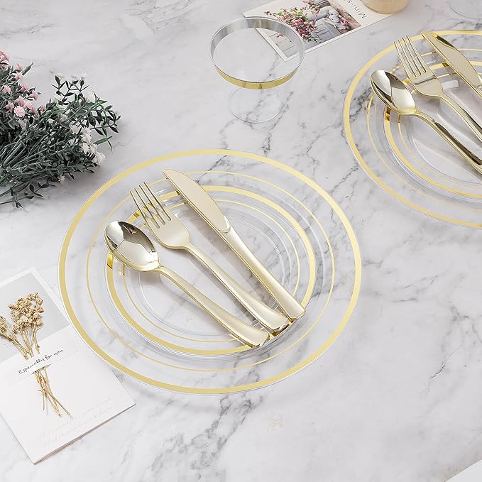 BESTVIP 100PCS Clear Plastic Plate, Disposable Party Plates with 50 Dinner and 50 Dessert Plates, Plastic Plate for Party, Wedding and Birthday