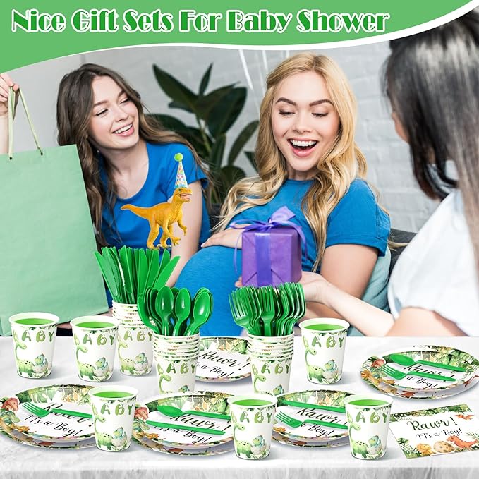 Dandat 350 Pcs Baby Shower Plates Set Baby Shower Party Supplies Serves 50 Tableware Sets Include Plates Napkin Cup Forks Knives Spoons Disposable Dinnerware(Dinosaur,Green)