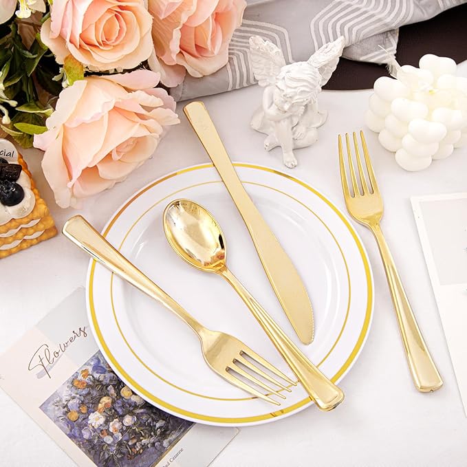 Supernal 360pcs Gold Plastic Silverware Heavy Duty Disposable Cutlery Gold flatware Sets Include 120 Forks, 120 Knives, 120 Spoons, Suitable for Party, Birthday, Wedding
