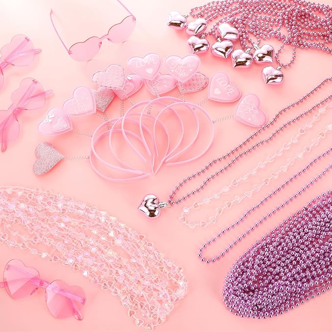 Kanayu 108 Pcs Valentines Day Accessories 36 Valentines Heart Headbands 36 Heart Shaped Sunglasses 36 Bead Necklaces for Valentine Party Favors Supplies Bachelorette Decorations(Pink)