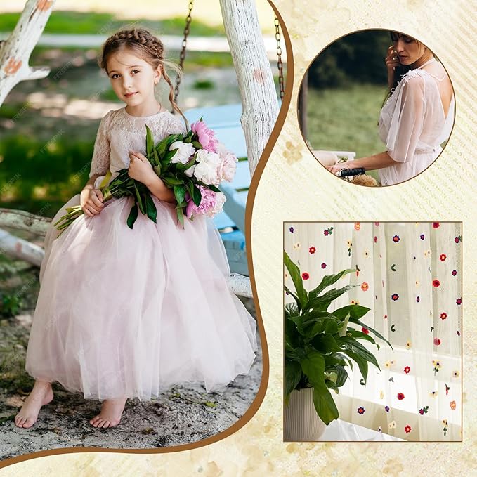 6PCS Champagne Floral Table Runner 10 FT, Embroidery Daisy Table Runners Seasonal Spring Summer Sheer Tulle Dining Table Decor for Home Party Birthday Decor 29x120 Inch 