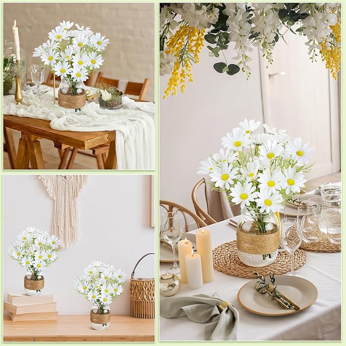 43 Pcs/ 6 Set Daisy Mason Jar Table Centerpiece Mason Jar Vases Faux Floral with Rope Boho Rustic Flower Table Decoration for Reception Engagement Party Bridal Shower Wedding