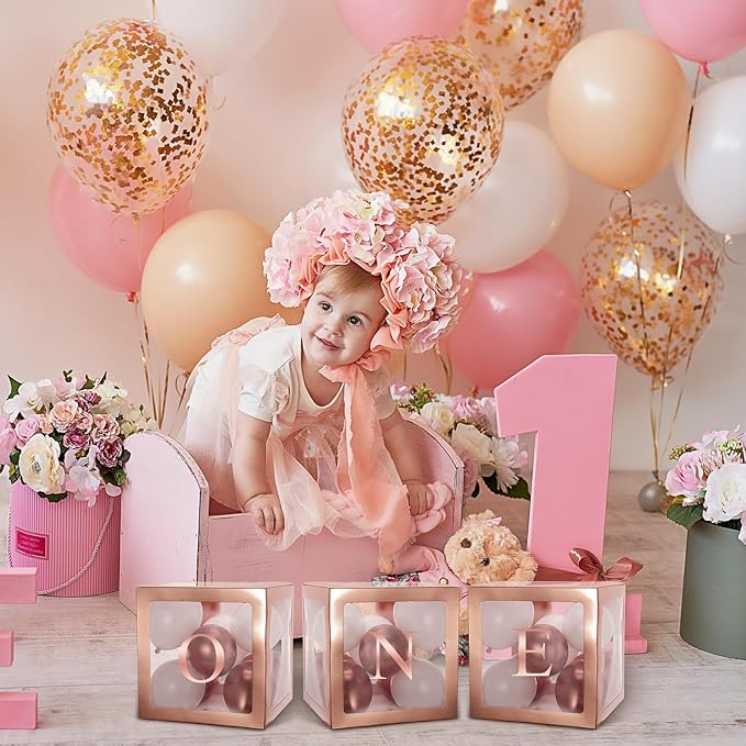 Thyle 12 Pcs Transparent Balloon Boxes Clear Balloon Boxes with 99 Letters for Baby Shower Gender Reveal Grad Birthday Party Bridal Wedding Anniversary Backdrop Decoration (Rose Gold)