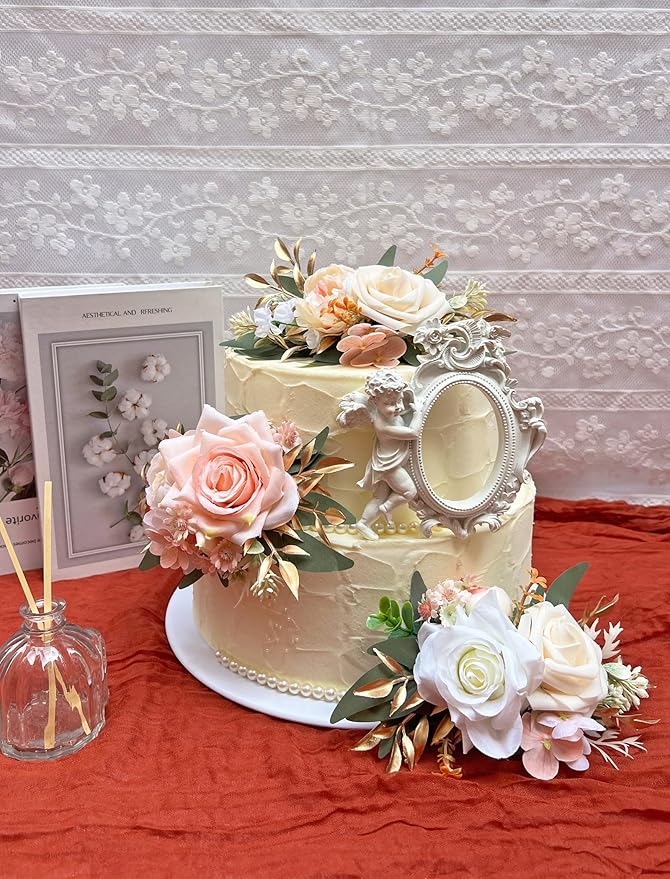 Marriwise 3Pcs Pre-made Cake Toppers Flowers, Champagne Wedding Cake Decoration,Artificial Flowers Decor for Wedding Ceremony Anniversary,Birthday Party,Outdoor Forest (Champagne)