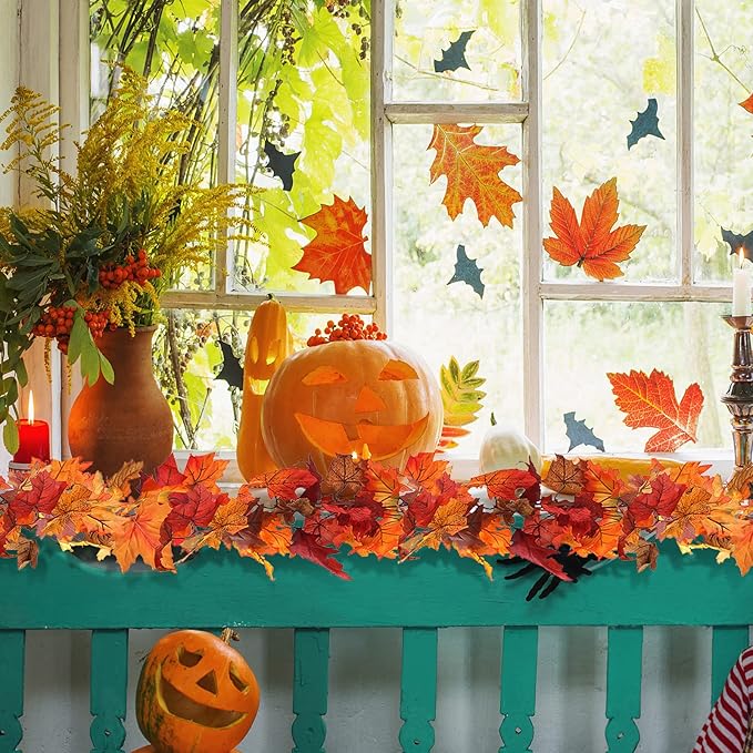 CQURE 10 Pack Fall Leaf Garland, Hanging Vines Garland Artificial Fall Maple LeavesThanksgiving Decor for Home Wedding Fireplace Party