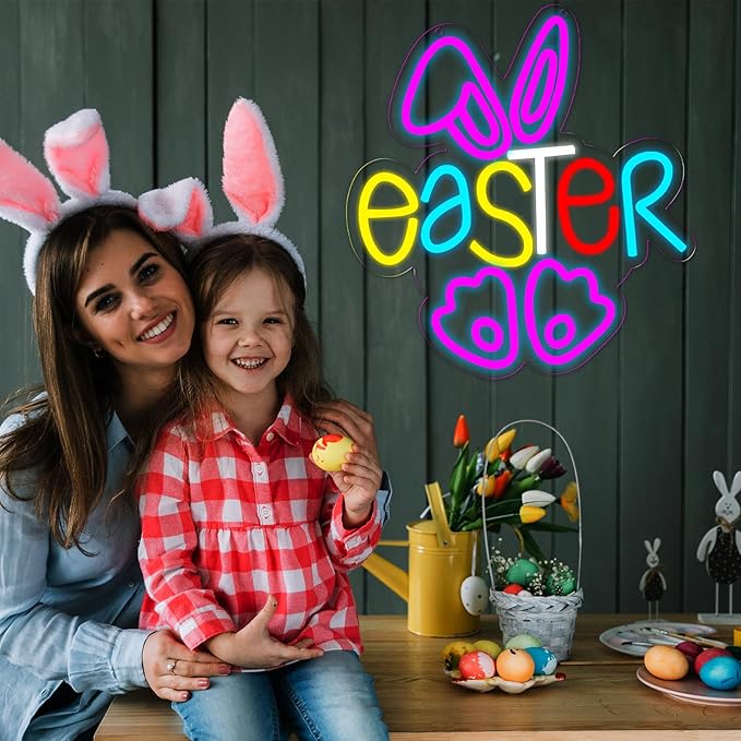 Easter Rabbit Neon Sign for Wall Decor,Dimmable USB Powered Neon Lights for Children's Room Decoration, Easter Gifts, Birthday Parties Gift 12.2 * 12.9Inch