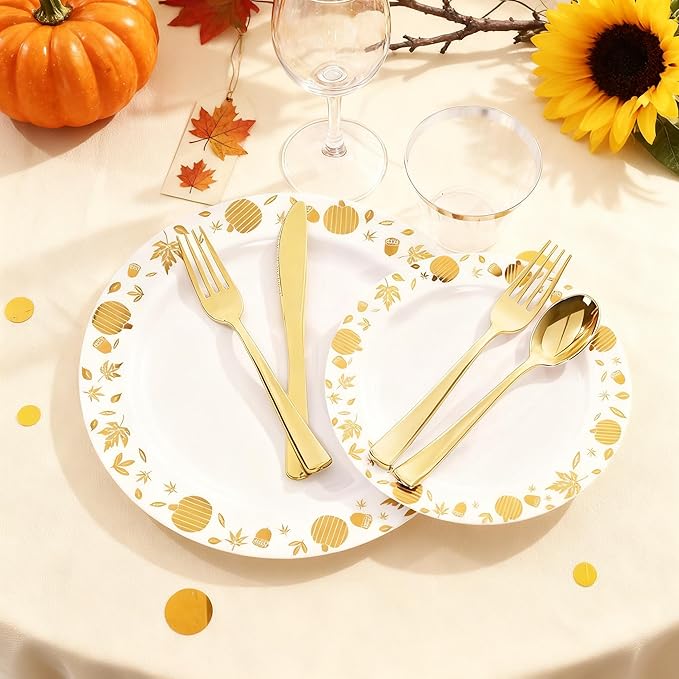 WDF 150pcs Gold Plastic Plates with Disposable Plastic Silverware - Premium Thanksgiving Dinnerware Sets for Thanksgiving Day&Parties