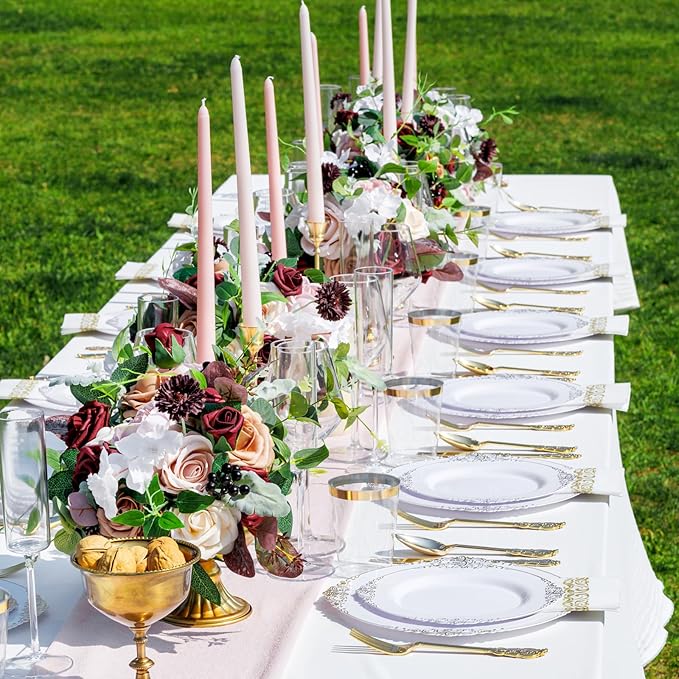 Nervure 350PCS Gold Plastic Dinnerware - White and Gold Disposable Plates for 50 Guests - 100 White Disposable Plates, 150 Plastic Silverware, 50 Cups, 50 Napkins for Wedding & Party