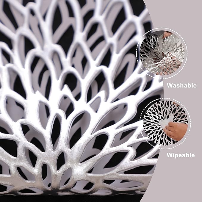 Snowkingdom 18 Pack Silver Placemats Metallic Glitter Vinyl Dinning Table Mats, Decorative Round Leaf Charger Bulk for Winter Thanksgiving Christmas Party Holiday Festive
