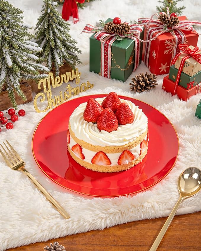 PULOTE 100PCS Red Plastic Plates Disposable Heavy Duty - Include 50 Dinner / 50 Dessert Plates for Party & Christmas