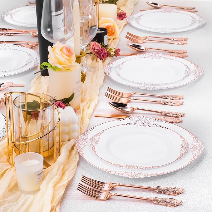 100 PCS White and Rose Gold Plastic Plates for 50 Guests, Rose Gold Disposable Plates Include 50 PCS Dinner Plates, 50 PCS Dessert Plates for Party, Wedding and Baby Shower