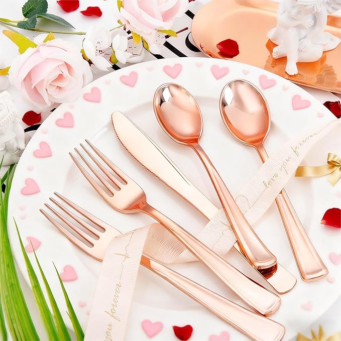 Liacere 100Pack Rose Gold Plastic Silverware - Pre Rolled Napkins with Rose Gold Cutlery - Wrapped Silverware Set Disposable100 Forks Knives Spoons Wrapped Utensils for Wedding&Valentine's Day