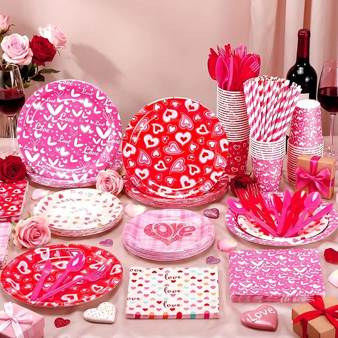 450 Pcs Valentines Tableware Set Decorations, Heart Love Design Paper Plates Napkins Cups Cutlery Straws for Kids Valentine's Day Galentines Day Party Supplies, Serves 50