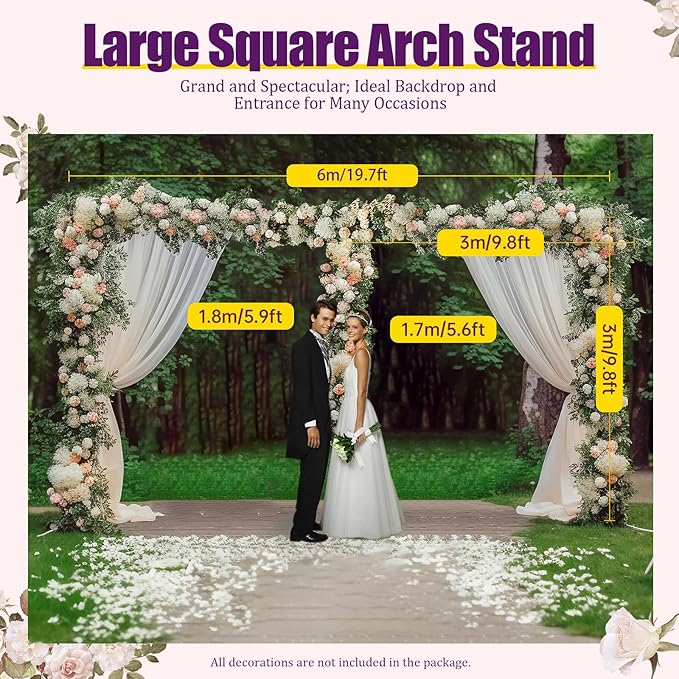 Metal Wedding Arch,Balloon Arch Backdrop Stand,Heavy Duty 10x20 FT Pipe and Drape Backdrop Kit, Professional Backdrop Stand Square Wedding Metal Arch Frame with Sturdy Base,Length Adjustable
