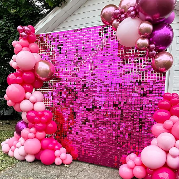 Hot Pink Shimmer Wall Backdrop,Shiny Sequins,24Pcs Sequins Backdrop Decoration Panels, Glitter Bling Photo Background Decorations for Birthday Party Wedding Engagement Anniversary Graduation