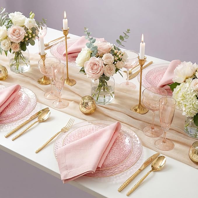 Rubtlamp 60PCS Pink Plastic Plates, Disposable Pink Plates with Hammered Design, Heavy Duty Plastic Platos Fancy Party Platos Include 30 Dessert Plate & 30 Dinner Plate for Bridal Wedding